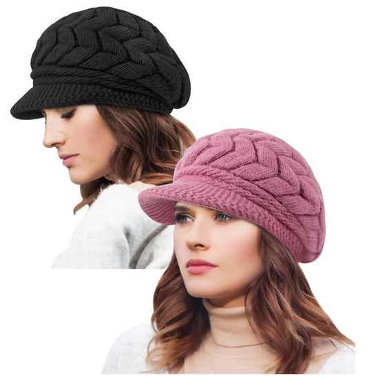 YSense 2 Pack Womens Winter Hats Warm Knit Hat Slouchy Beanie Cap with Brim Gifts Grape Black - Everything for Everyone