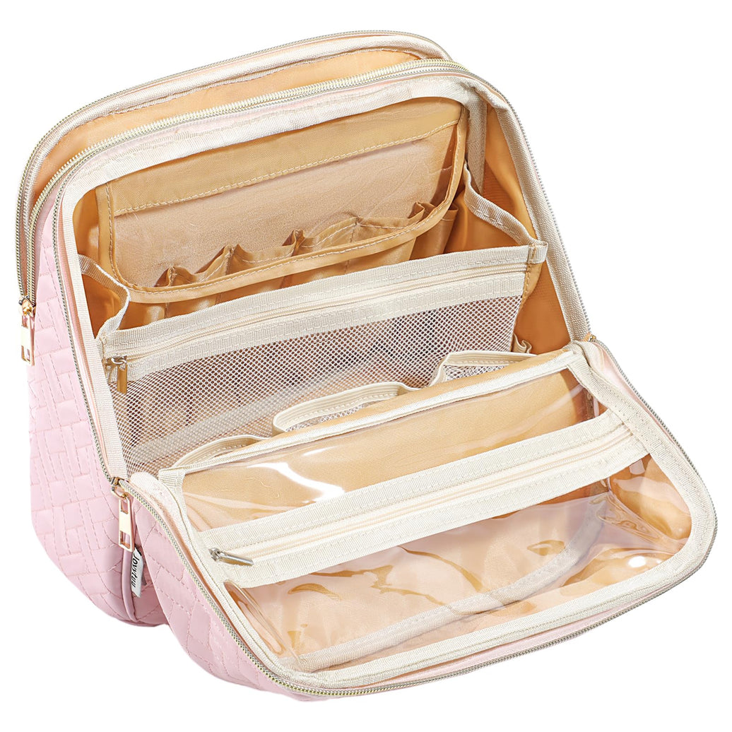 JOYYTUU Makeup Bag Large Capacity with Room for Brushes and Mirror Travel Makeup Organizer Portable Make Up Case Waterproof Cosmetic Bags with Handle Color Pink