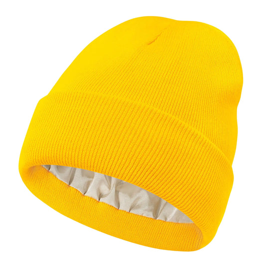 Zando Womens Satin Lined Beanie for Women Warm Beanies Womens Winter Beanies for Women Knit Hats for Women Unisex Cuffed Skull Caps for Men Satin Lined Winter Hats for Women Men Yellow Beanie Hat - Everything for Everyone